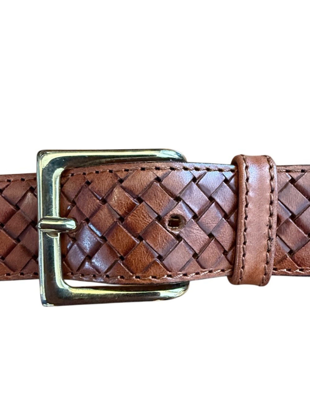 Italian Woven Leather Belt Brown Gold Buckle Made in Italy Unisex Fits 27-31 - Picture 2 of 15